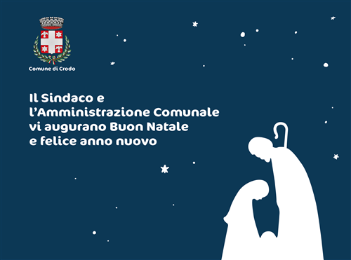 immagine con sfondo blu e sagome di Gesù, Giuseppe e Maria con scritto "Il sindaco e l'amministrazione vi augurano buon natale"