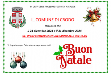 Immagine di avviso che riguarda la chiusura del Comune di Crodo dal 24 al 31 dicembre 2024